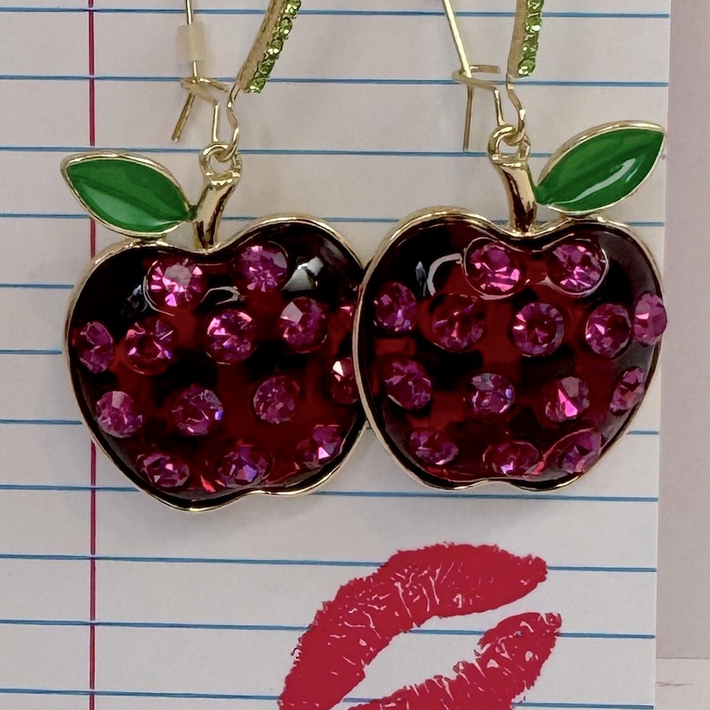 Betsey Johnson Sparkling Pink Apple Earrings - Picture 2 of 2